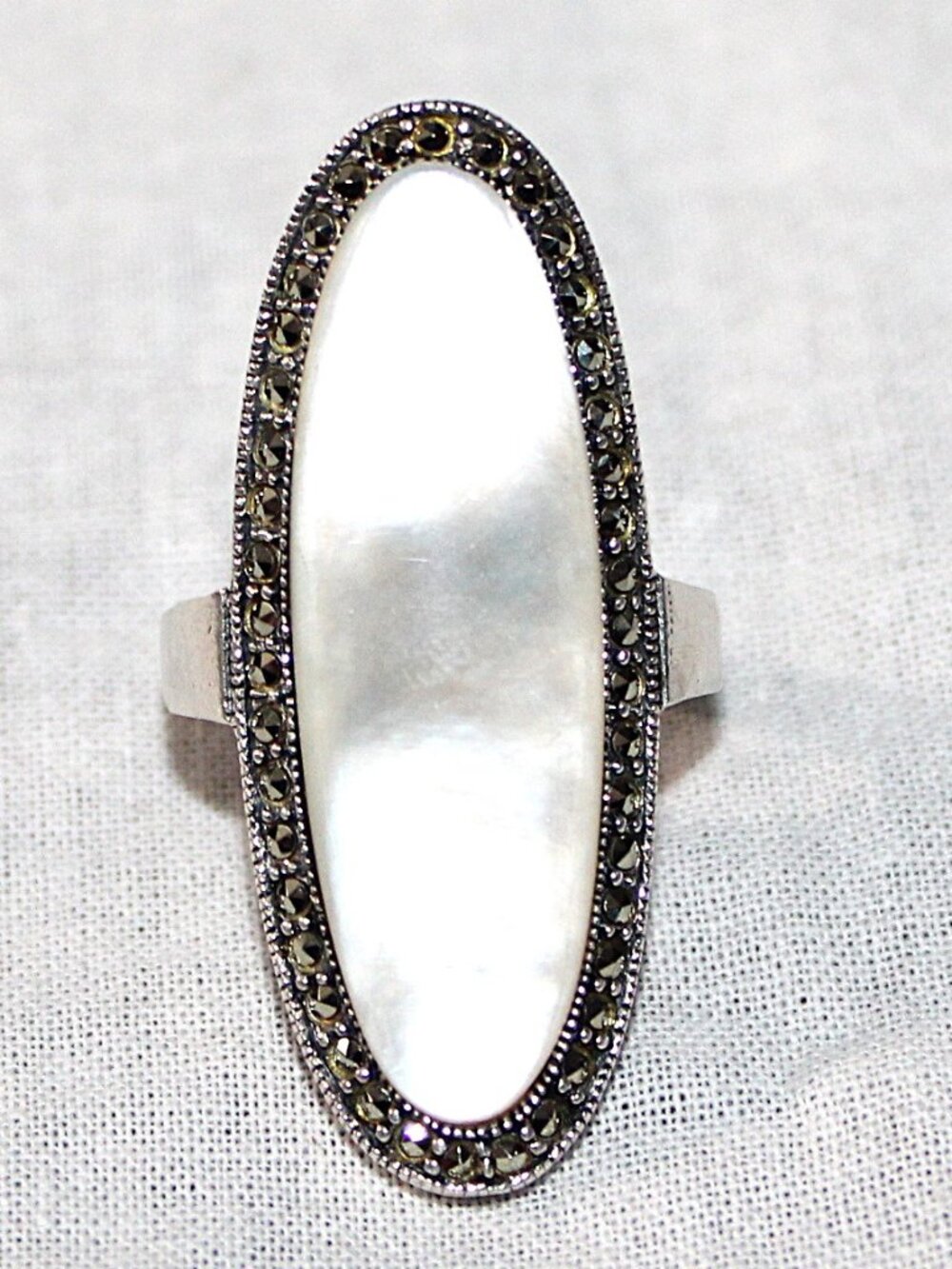 Sterling Silver Mother of Pearl & Marcasite Stone Ring SZ 8